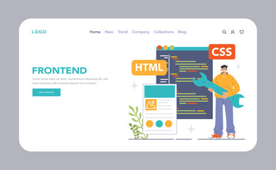 Software development web banner or landing page. Coding, back-end and front-end engineering or programming. Software script and algorithm development. Flat vector illustration