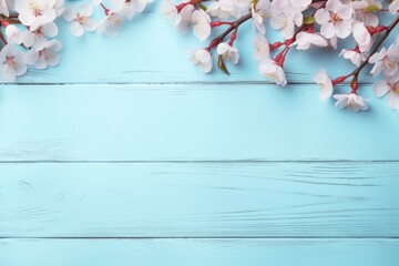 Pink cherry blossom branch and flower placed on blue wooden table top background in Spring with space for text. Spring seasonal concept.