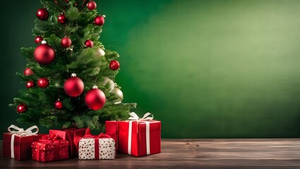 Christmas tree with gift boxes and red baubles on green background. Christmas concept with copy space for text.