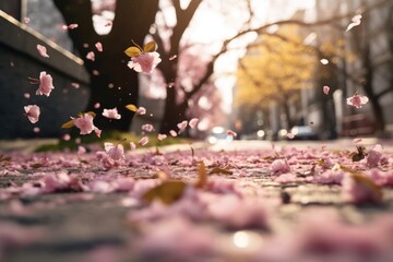 Close-up view of pink cherry blossom flower petal flying in air and on ground in Spring. Spring seasonal concept.