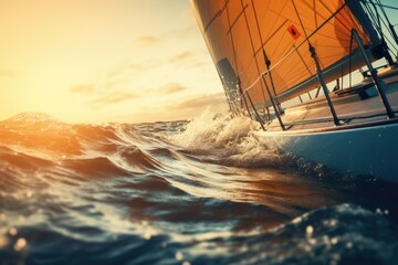 Close-up view of a sailing boat at sunset driving in blue sea. - obrazy, fototapety, plakaty