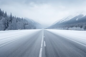 A winter highway with forest covered by heavy snow. Winter seasonal concept.