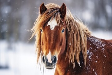 A horse stand in snow in winter woods.