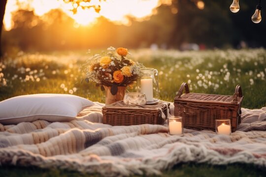 Sunset Picnic for Two: A romantic picnic setup, surrounded by blankets, cushions, and delicious treats