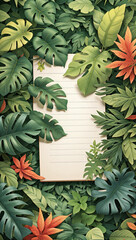 Fototapeta premium Top view of blank paper amidst fresh forest leaves.