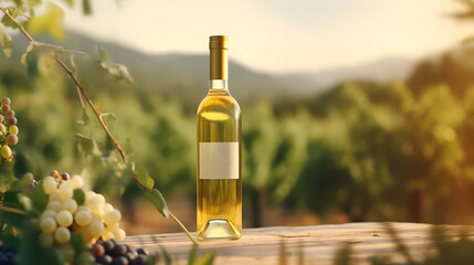 A bottle of white wine on a background of vineyards.