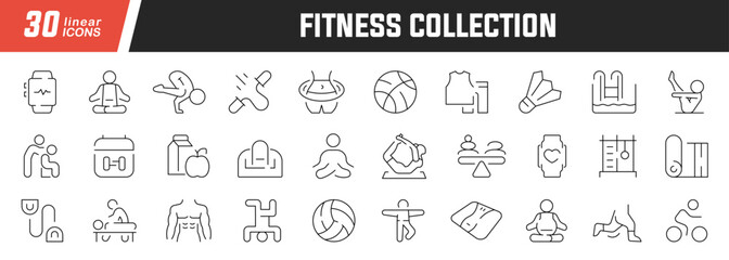 Fototapeta na wymiar Fitness linear icons set. Collection of 30 icons in black