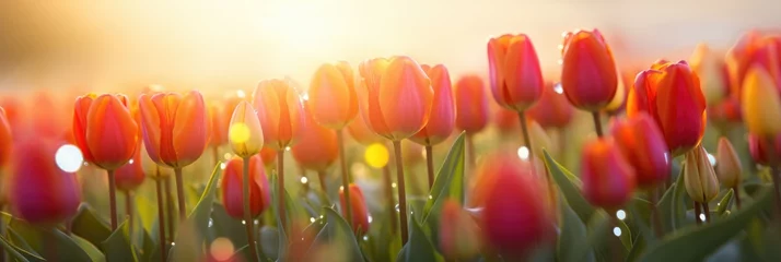 Fotobehang Beautiful tulip at sunrise with variable colors in field in Spring. Spring seasonal concept. © Joyce