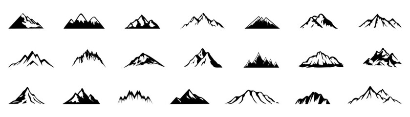 Mountain logotype on a white background. Set of black rock icons. Adventure traveling mountain logos. Collection of mountains icons