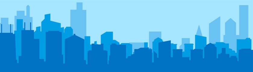 Cityscape panorama background in blue. Urban city skyline with buildings. Urban panorama cityscape skyline building silhouettes. Horizontal city panorama background