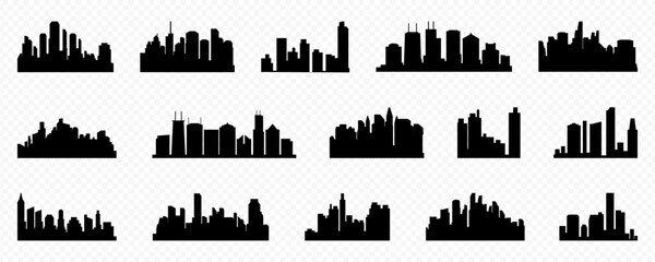 Set of black city skyline. Town skyline landscape. City panorama silhouette collection. Urban cityscape silhouettes. Skyline urban borders in black. Set of silhouette of big city skyline