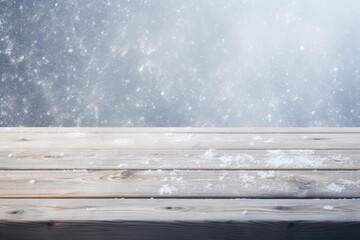 Wood table and freezing snowing forest winter background. Winter seasonal concept.