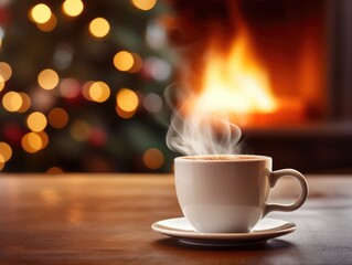Close-up view of a cup of hot coffee on wood table at home with Christmas tree background bokeh in winter. Winter seasonal concept.