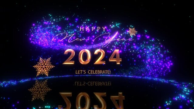 Golden text 2024 Happy New Year let's Celebrate with beautiful glow purple glittering magic particles animation cinematic title background.Happy New Year  opening animation background. 