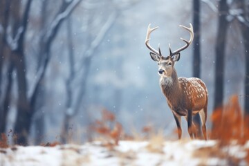 Male deer with antlers stand in forest in Winter with snow.