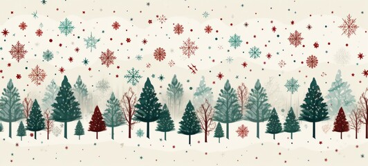 Pattern Winter holidays forest on white background illustration. Christmas holidays. Horizontal format for banners, posters, advertising, gift cards. AI generated.