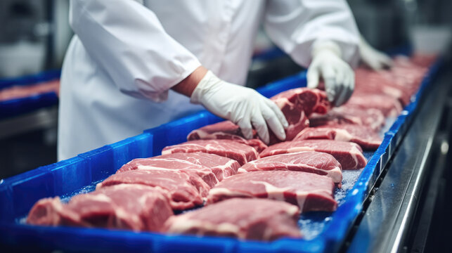 Meat worker gathering packed meat on a conveyor belt at factory.