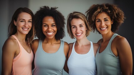 Celebrating fitness: Female friends smiling in sports clothing. Group of woman in workout clothes, smiling, natural light, beautiful, diversity.