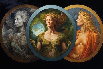 Fantasy portraits of three women in oval frames. Generative AI.