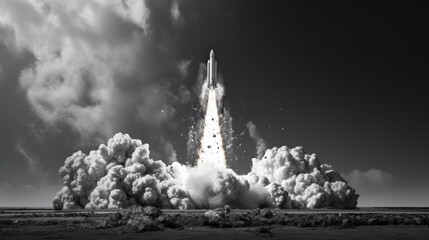 Rocket starting to fly. Black And White Photo