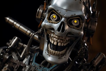 Ultrarealistic closeup image of a smiling happy robot. Generative AI.