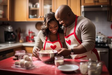 Valentine's Day Baking Session: A kitchen scene with a black adult couple baking heart-shaped treats - obrazy, fototapety, plakaty