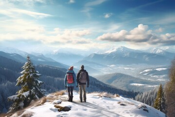 A couple stand together at snow covered mountain top with forest with a great visa view. Winter seasonal concept. - Powered by Adobe