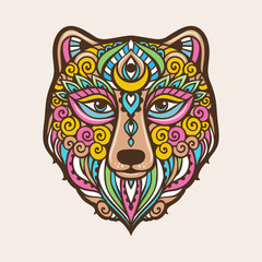 Bear mandala retro. Vector illustration. Flower Ethnic drawing. Bear animal nature in Zen boho style. Coloring page, hippie style