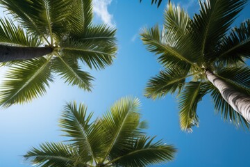Fototapeta na wymiar Beautiful overhead palm tree leaves pattern and blue sky. Summer tropical vacation concept.