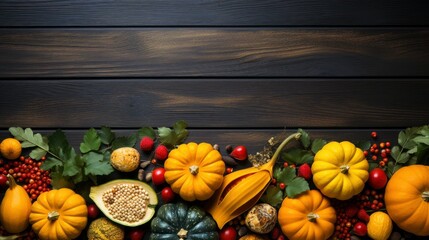 Autumn background from fallen leaves and fruits with vintage place setting on old wooden table. Thanksgiving day concept. - obrazy, fototapety, plakaty