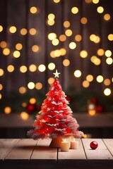 Chrismas decorations on a wooden table. Chrismas tree on a blurred background