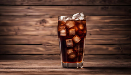 Cool Coca cola drink, ice with bubbles on wooden background - obrazy, fototapety, plakaty