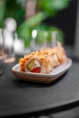 Classic Bonito sushi roll set with tuna flakes, salmon and avocado.