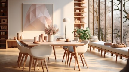 Obraz premium Dining area in an apartment, Modern minimalist interior, Warm beige and pastel colored.