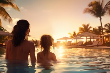 Mother and son swim in sea water with beautiful sunset. Summer tropical vacation concept.