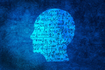 Human head with mathematical seamless pattern on abstract blue wall background