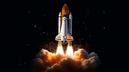 Rocket starting to fly. Suitable for use as a banner. Space shuttle. rocket launch