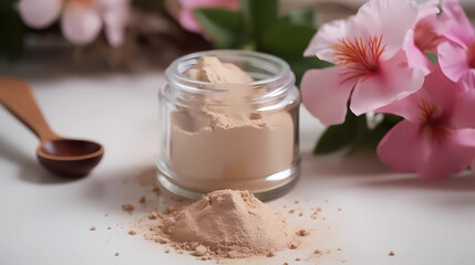 Obraz na płótnie Canvas Natural cosmetics: homemade organic foundation powder for facial care on table with flower