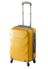 Travel yellow suitcase on wheels isolated on white background. Baggage handle case