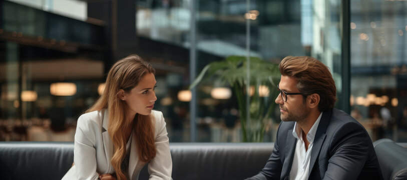 Two Business Consultants Having A Serious Discussion In Modern Well Lit Office.