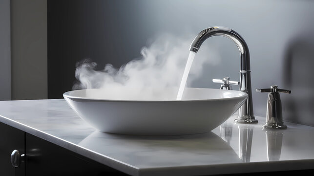 a modern bathroom sink with a chrome faucet from which water and steam come out