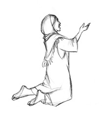 Pencil drawing. Praying woman