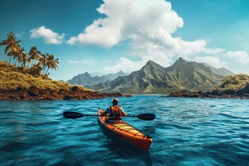 Close-up view of a girl rowing a canoe in sea. Water sports. Summer tropical vacation concept. - obrazy, fototapety, plakaty