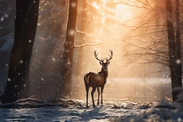 Zelfklevend Fotobehang Male deer with antlers stand in sunny winter forest with snow. © Joyce