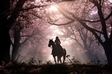 A female riding on horseback in foggy Spring woods with cherry blossom and sun ray.