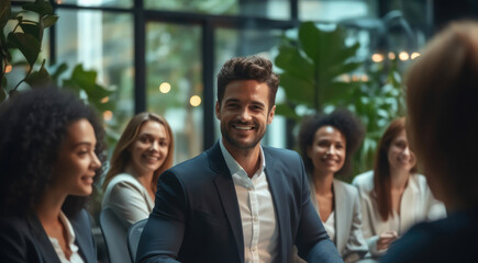 Obraz premium Happy multiracial colleagues sitting on chairs, Listening to male boss team leader, Explaining working issues at briefing meeting in modern office.