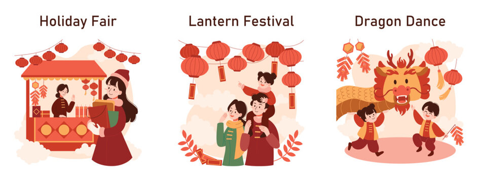Chinese New Year tradition set. Cheerful asian family leisure on festive day. Characters celebrate national asian festivity with fireworks, lantern and dragon dance. Flat vector illustration