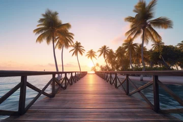 Tuinposter Beautiful sunset at beach with a path to island with palm trees. Summer tropical vacation concept. © Joyce