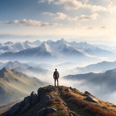 This captivating image captures a lone hiker at the summit of a majestic mountain. Dressed for adventure with a backpack, the hiker stands with their back to us, gazing out at the sprawling mountain r