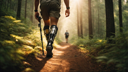 Man hiking in the woodland with bionic leg prostheses. - 673796795